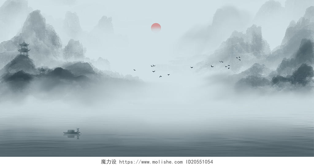 中国风山水墨画水墨山水二十四节气插画背景